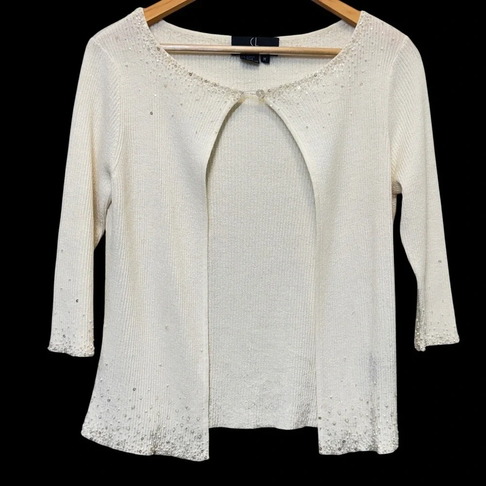 Vintage Carole Little Cardigan M Cream Hand Beaded Sequin Coquette Sweater